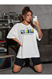 Unisex Beyaz Enjoy Van Gogh Baskılı Bisiklet Yaka Oversize T-shirt