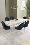 Ikon Beyaz Mermer Desen 80x132 MDF Açılabilir Yemek Masası Takımı 6  Sandalye