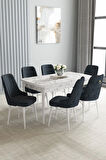 Arvela Beyaz Mermer Desen MDF 80x132 Açılabilir Yemek Odası Takımı 6  Sandalye