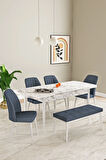 Laris Beyaz Mermer Desen 80 X 132 Benchli Açılabilir MDF Mutfak Masa Takımı 4 Sandalye