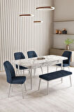 Lara Beyaz Mermer Desen 80 X 132 Açılabilir MDF Mutfak Masası 4 Sandalye, 1 Bench