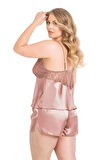 Aria's Closet Büyük Beden Vizon Saten Babydoll Şort Takımı
