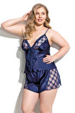 Aria's Closet Büyük Beden Lacivert Saten Babydoll Şort Takımı