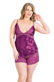 Aria's Closet Büyük Beden Mor Saten Babydoll Şort Takımı
