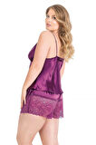 Aria's Closet Büyük Beden Mor Saten Babydoll Şort Takımı