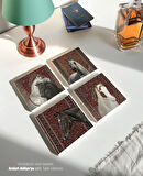 Kırmızı Vintage Halı ve  At Figürlü Doğal Taş Bardak Altlığı Seti - Şık ve Dekoratif Tasarım (4’lü Set)