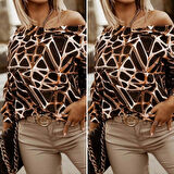 Kadın Uzun Kollu V Yaka Düşük Omuz Geometrik Desen şardonlu Dalgıç Bluz