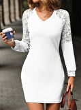 Kadın Uzun Kollu V Yakalı Dantelli Kısa Waffle Elbise