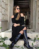 Kadın Balıkçı Yaka Omuzlardan Açık Uzun Kollu Janjan Krep Elbise