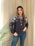 Kadın Uzun Kollu önden Fermuarlı çiçek Desenli şardonlu Dalgıç Bluz