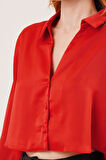 Saten Crop Model Kırmızı Gömlek