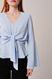Ön Bağlamalı Volan Kol Bebe Mavisi Bluz