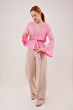 Ön Bağlamalı Volan Kol Pembe Bluz