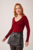 Geniş Yaka Bordo Basic Body Bluz