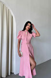 YAKA DÜĞME DETAYLI ELBİSE- Pembe