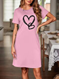 Kadın Kısa Kollu Bisiklet Yaka Kalp Desenli Viskon Elbise