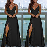 Kadın Ip Askılı Dekolteli Yırtmaç Detay Krep Elbise