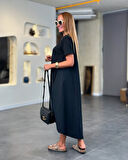 Kadın Kısa Kollu Bisiklet Yaka Asimetrik Kesim ön Viskon Arkası Trikoton Elbise