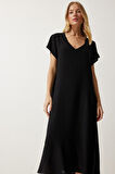 Kadın Kısa Kollu V Yaka Salaş Maxi Boy Elbise