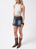 Kemer Detay Denim Mini Etek