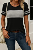 Kadın Kısa Kollu Bisiklet Yaka çift Renkli Viskon Bluz