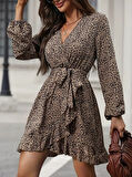 Kadın Uzun Kollu Kruvaze Yakalı Kuşaklı Desenli Kısa Modal Mini Elbise