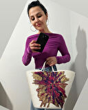 Hasır Çanta, Plaj Çantası, Tasarım Çanta, Pembe Mor Desenli El Çantası