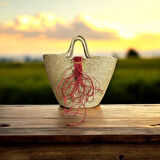 Hasır Çanta, El Çantası, Tasarım Çanta, Kırmızı İp Detaylı Çanta