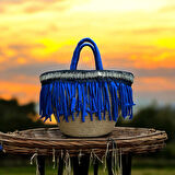 Hasır Çanta, El Çantası, Tasarım Çanta, Mavi Püsküllü Çanta