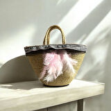 Hasır Çanta, El Çantası, Tasarım Çanta, Pembe Beyaz Tüylü Çanta
