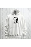 Mustafa Kemal Atatürk Baskılı Beyaz Kapüşonlu Sweatshirt Hoodie Kalın Kumaş 3 İplik Şardonlu