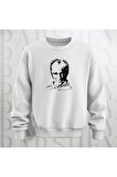 Mustafa Kemal Atatürk Baskılı Beyaz Bisiklet Yaka Sweatshirt Kalın Kumaş 3 İplik