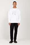 Erkek Beyaz Oversize Bol Kesim Bisiklet Yaka Baskılı Rahat Sweatshirt