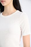 Slim Fit Dar Kesim Bisiklet Yaka Fitilli Kaşkorse Basic Düz Kısa Kollu Tişört