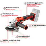 Einhell Professional Akülü Avuç Taşlama AXXIO 18/125 Q LiSolo Power X-Change (18 V, 700 W, 125 mm disk Ø, 33 mm kesme derinliği, kömürsüz, Quick-Fix oluk, kesme diski ve akü dahil değildir)