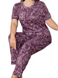 Kadın Çiçek Desen Bisiklet Yaka 3 Düğmeli Kısa Kol Cepli Pijama Takımı