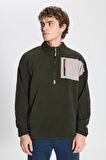 Erkek Haki Oversize Bol Kesim Bato Yaka Cep Detaylı Fermuarlı Soğuk Geçirmez Polar Sweatshirt
