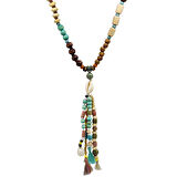 El Yapımı Etnik Ahşap Kombinli Turkuaz Renk Geçişli Deniz Kabuğu Detaylı Otantik Kolye