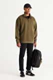 Erkek Haki Oversize Bol Kesim Içi Polarlı Iplik Bato Yaka Pamuklu Sweatshirt