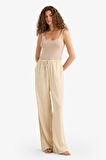 Wide Leg Çift Cepli Beli Lastikli Standart Boy Keten Karışımlı Pantolon