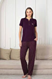Kadın Mürdüm Desenli V Yaka 3 Düğmeli Likralı Viskon Kısa Kol Pijama Takımı