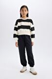 DeFacto Kız Çocuk 2'li Takım Çizgili Bisiklet Yaka Sweatshirt Beli Lastikli Jogger Eşofman Altı D4091A824WNBK26