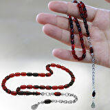 Kararmaz Metal Arnavut Püsküllü Kapsül Kesim Kırmızı-Siyah Bilek Boy Ateş Kehribar Tesbih