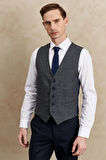 Erkek Lacivert Slim Fit Dar Kesim Mono Yaka Desenli Yelekli Takım Elbise