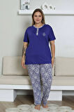 Kadın Saks Mavi 3 Düğmeli Etnik Desen Likralı Viskon Kısa Kol Pijama Takımı