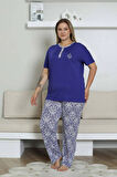 Kadın Saks Mavi 3 Düğmeli Etnik Desen Likralı Viskon Kısa Kol Pijama Takımı