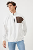 Erkek Beyaz Oversize Bol Kesim Bato Yaka Cep Detaylı Fermuarlı Soğuk Geçirmez Polar Sweatshirt