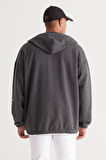 Erkek Antrasit-melanj Oversize Bol Kesim Içi Polarlı 3 Iplik Kapüşonlu Baskılı Sweatshirt