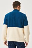 Erkek Petrol Tas Standart Fit Bato Yaka Kanguru Cepli Çift Renkli Sherpa Polar Sweatshirt