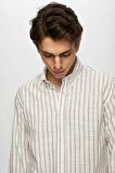 Slim Fit Vizon Çizgili Düğmeli Yaka %100 Pamuk Flamlı Yazlık Keten Görünümlü Gömlek 0HC02ORT06265